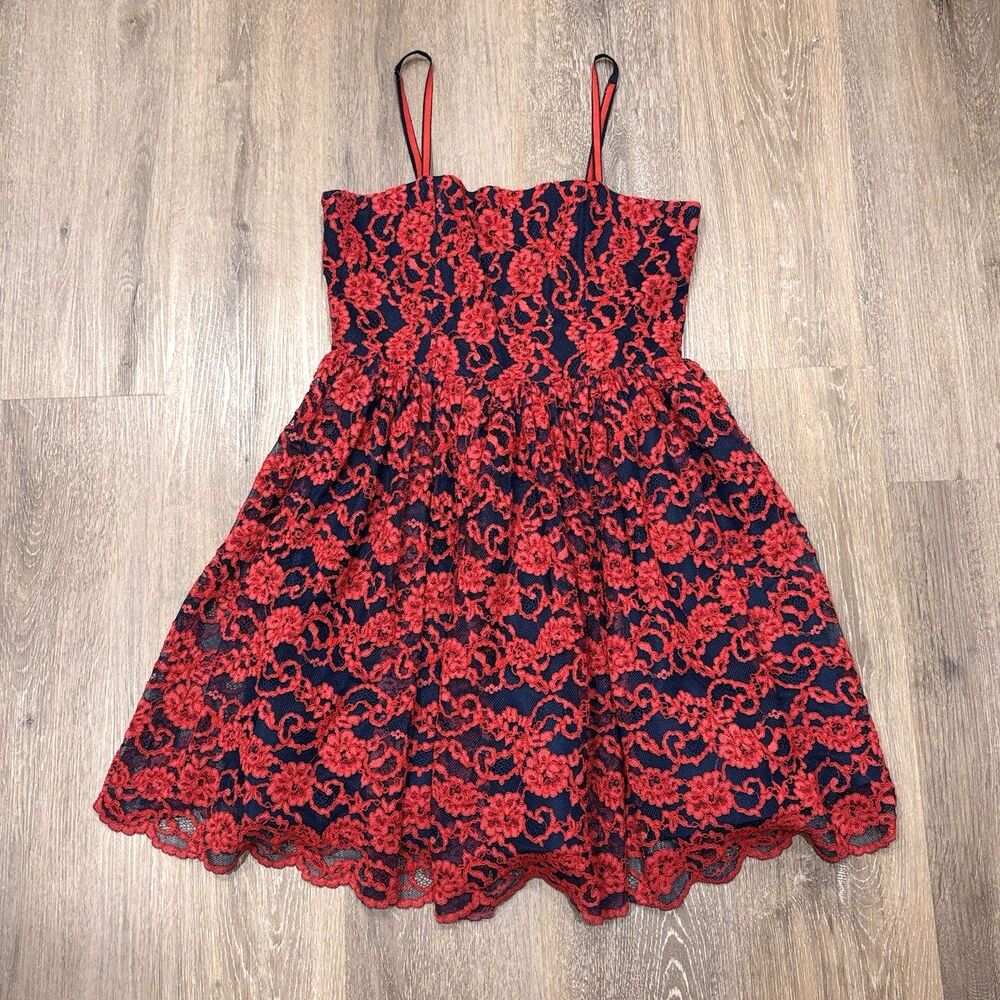 Alice + Olivia Dress Red Blue Lace Floral Mini Cocktail Skater Sia Size 8